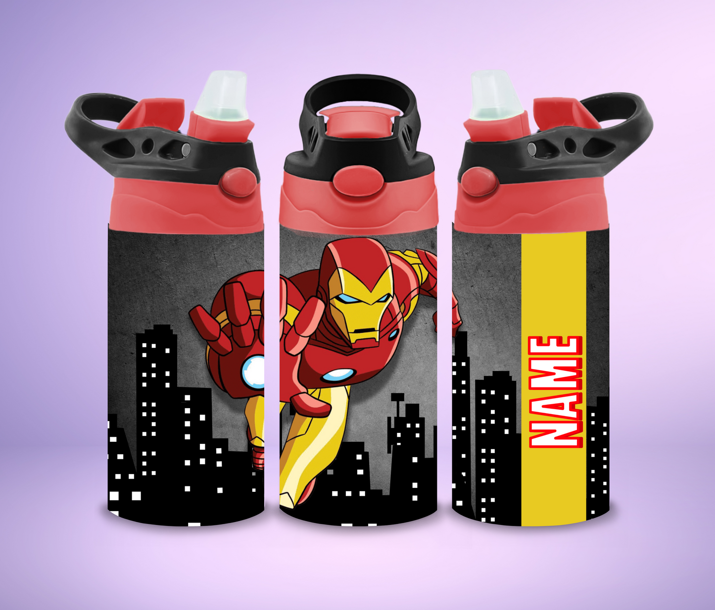 Kids Superhero Iron Man Water Bottle with NAME, Children's Designs Super Cute Gift for Toddler Kids with Flip Top and BPA free