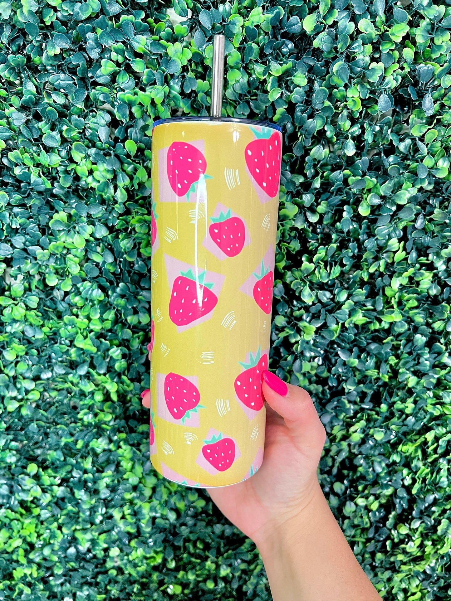 Everyday Is a Fresh Start Collection - 20oz Insulated Tumbler Exclusive Personalized Strawberry Pattern, Straw and Brush Included