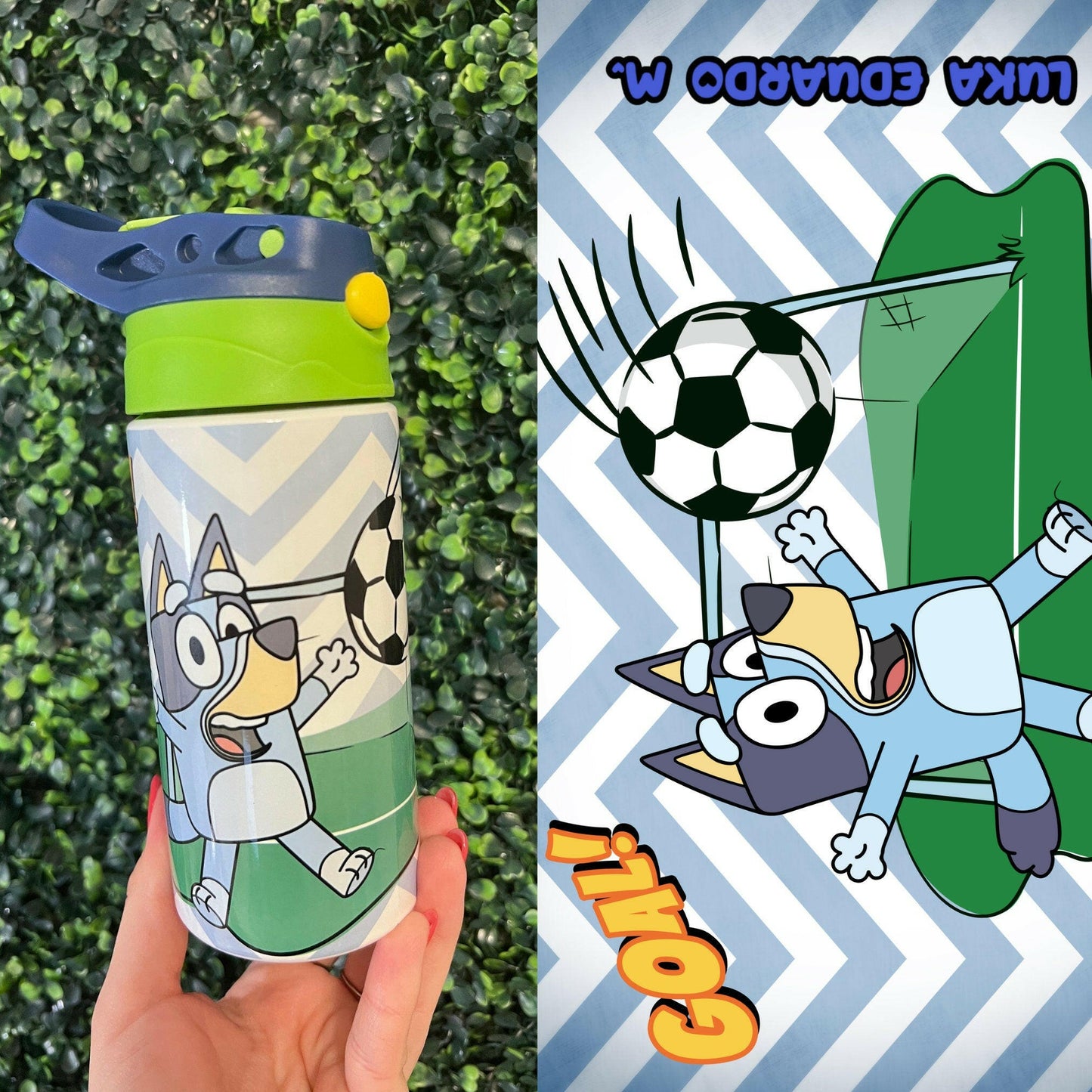 Kids Personalized Bluey Bingo Character 12oz Cup Design, Kids Soccer Theme Flip Top Tumbler, Kids Custom Thermal Travel Cup with Straw