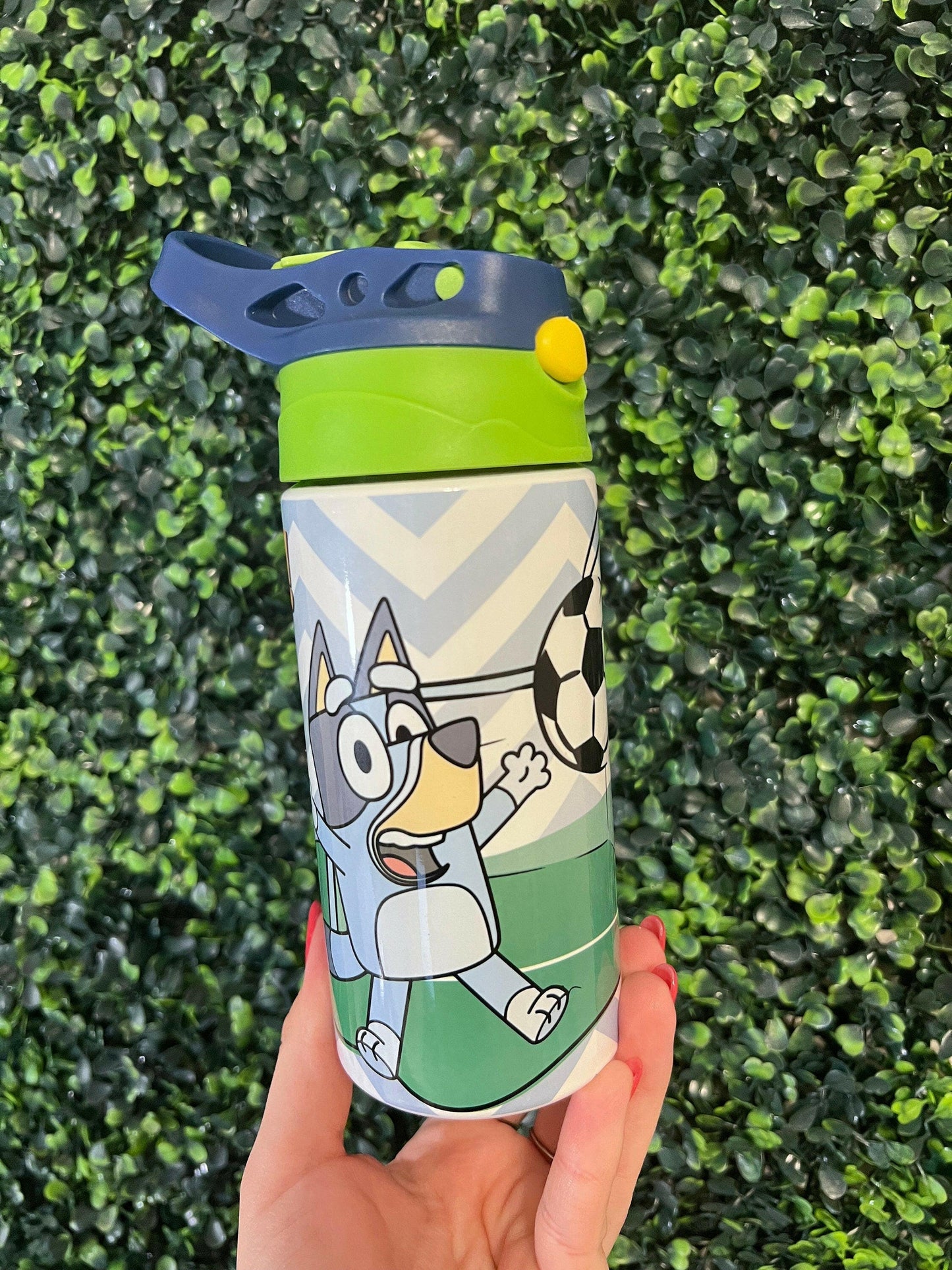 Kids Personalized Bluey Bingo Character 12oz Cup Design, Kids Soccer Theme Flip Top Tumbler, Kids Custom Thermal Travel Cup with Straw