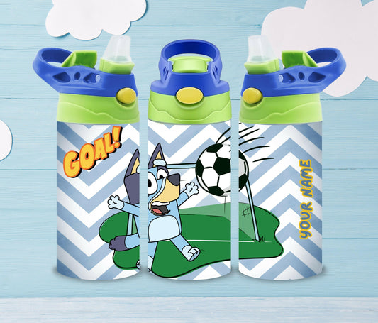 Kids Personalized Bluey Bingo Character 12oz Cup Design, Kids Soccer Theme Flip Top Tumbler, Kids Custom Thermal Travel Cup with Straw
