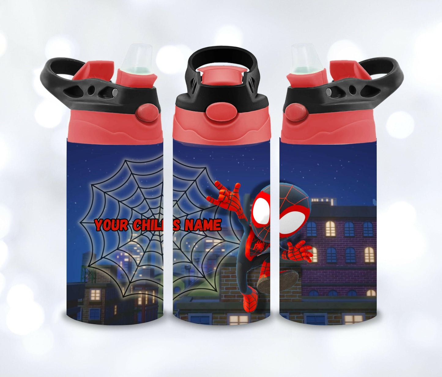 Kids SuperHeroes Water Bottle with NAME, Children's Designs Super Cute Gift for Toddler Kids with Flip Top and BPA free