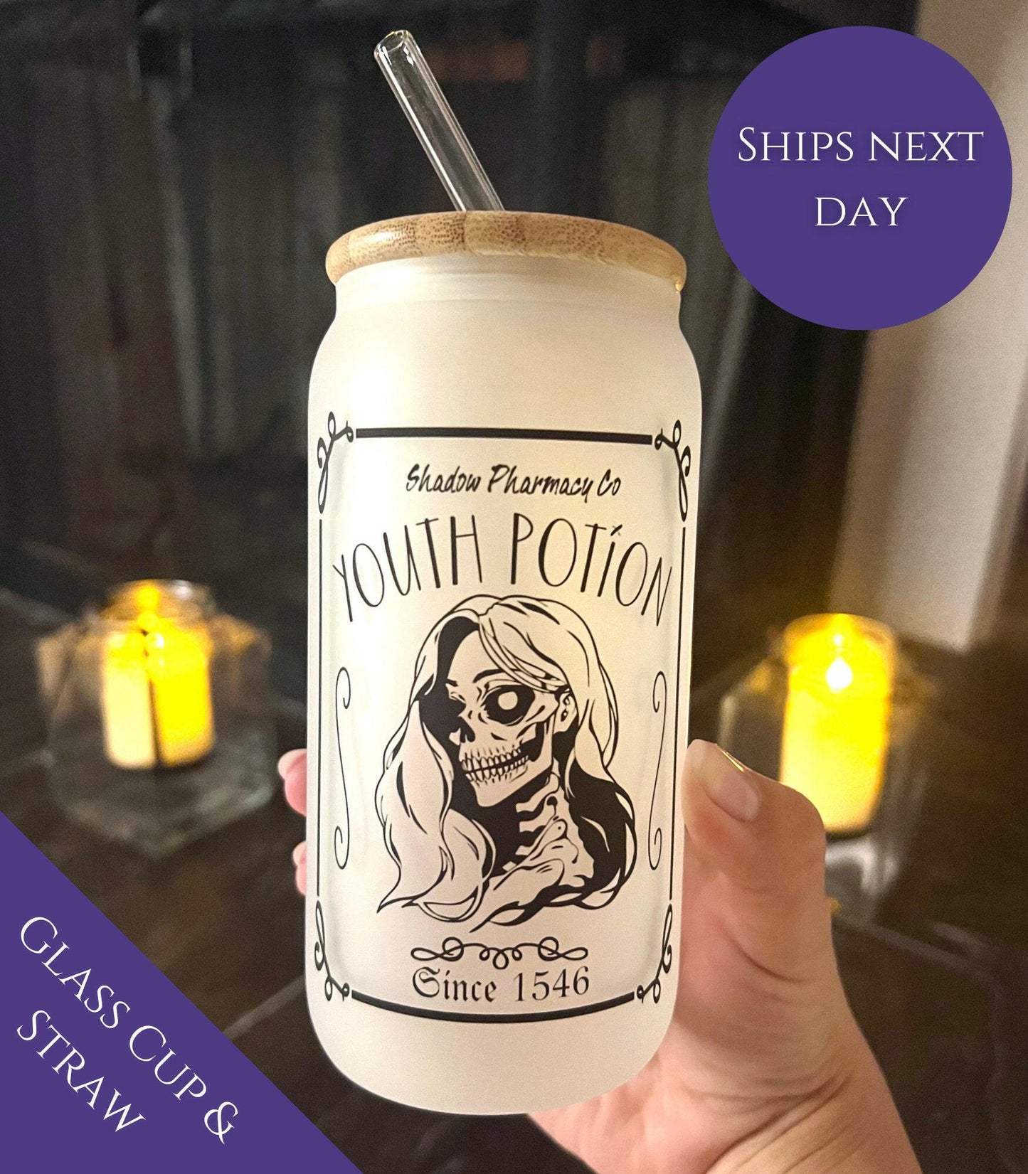 Halloween Youth Potion 16oz Tumbler Personalized Bamboo Lid Skeleton Scary Beauty Iced Coffee Cup gift for her