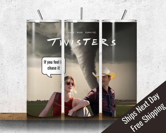 Personalized Twisters Movie 20oz Stainless Steel Tumbler, Insulated Tornado Wrangler Travel Cup w/ Straw and Brush Included Feel it Chase it
