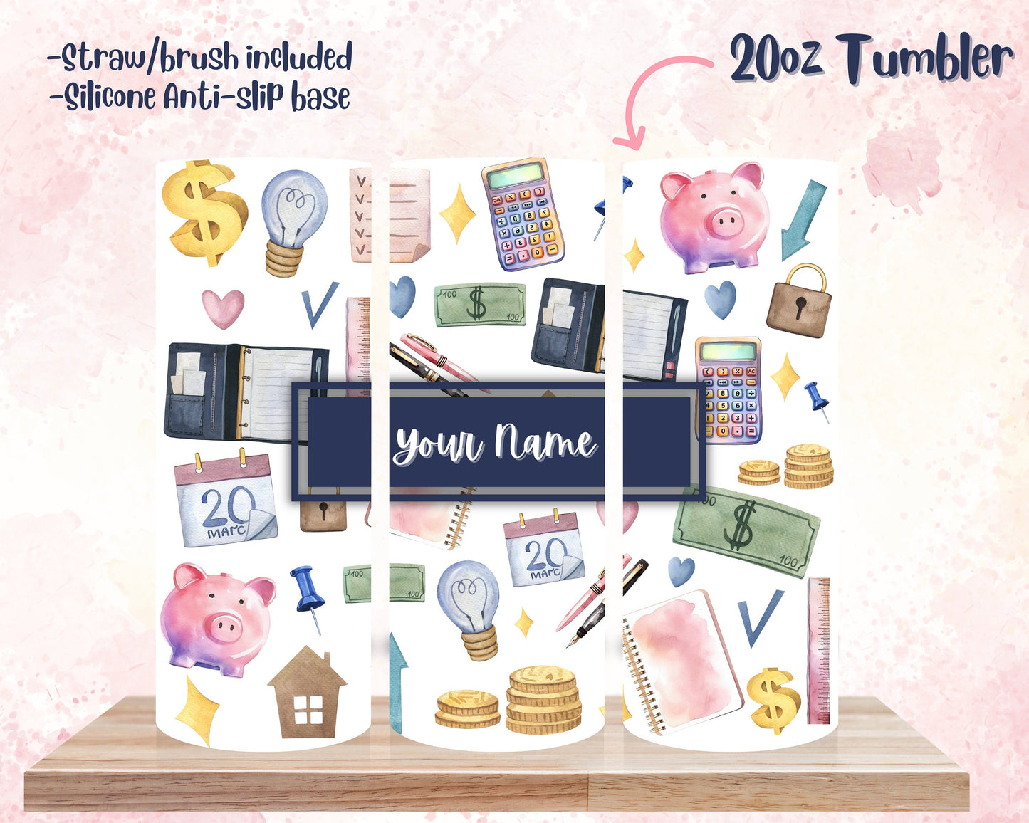 Personalized Accountant 20oz Stainless Steel Tumbler for Financial Advisor with Name, Planner Stockings Watercolor Design for Career Gift