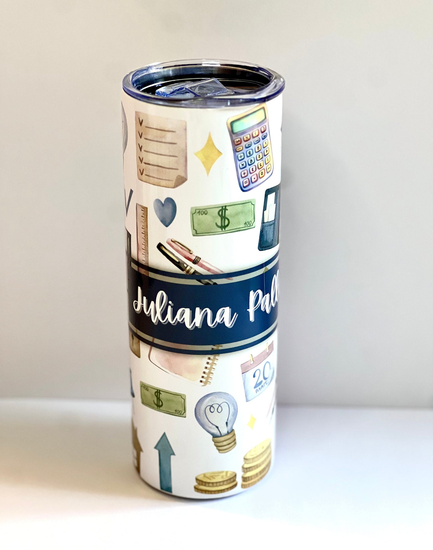 Personalized Accountant 20oz Stainless Steel Tumbler for Financial Advisor with Name, Planner Stockings Watercolor Design for Career Gift