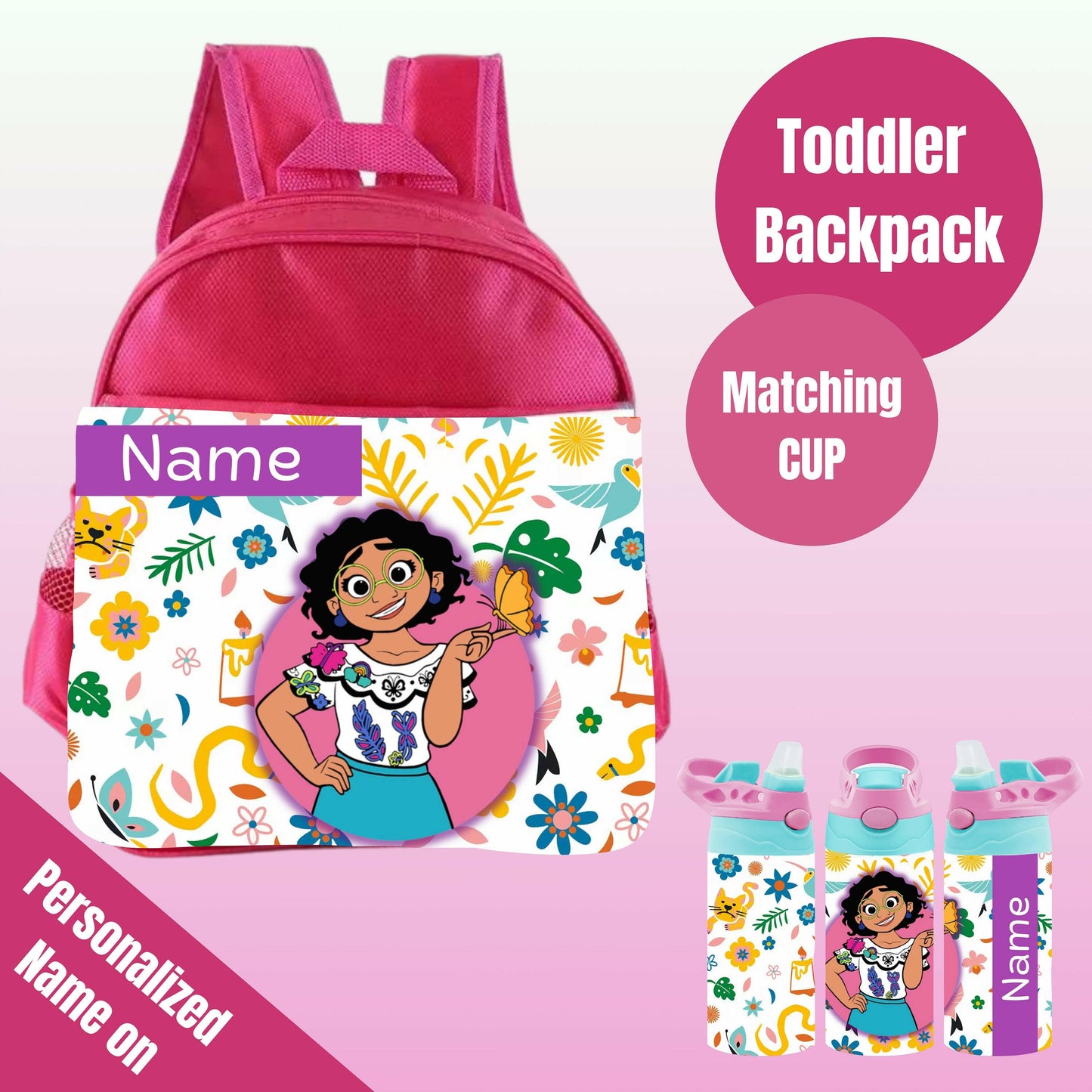Custom Name Toddler Backpack for School Personalized for Girls, Back to School Matching Water Bottle