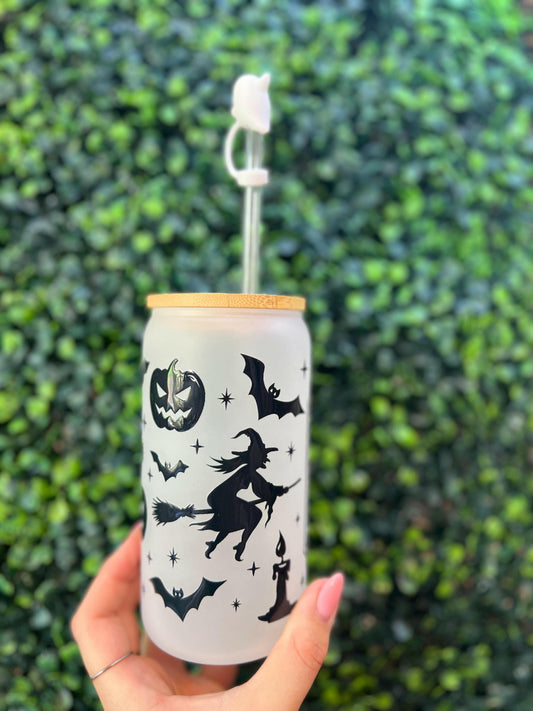 Halloween Witch's brew potion Glass Coffee Cup, 16oz With Bamboo lid and Straw, Ghost Straw topper INCLUDED