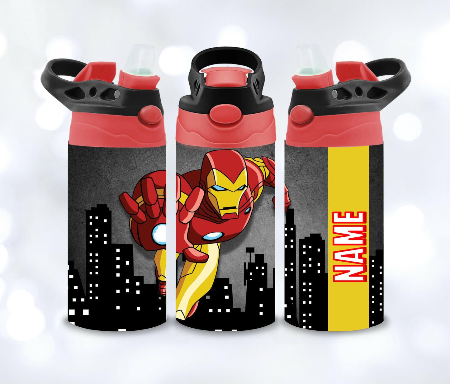 Kids SuperHeroes Water Bottle with NAME, Children's Designs Super Cute Gift for Toddler Kids with Flip Top and BPA free