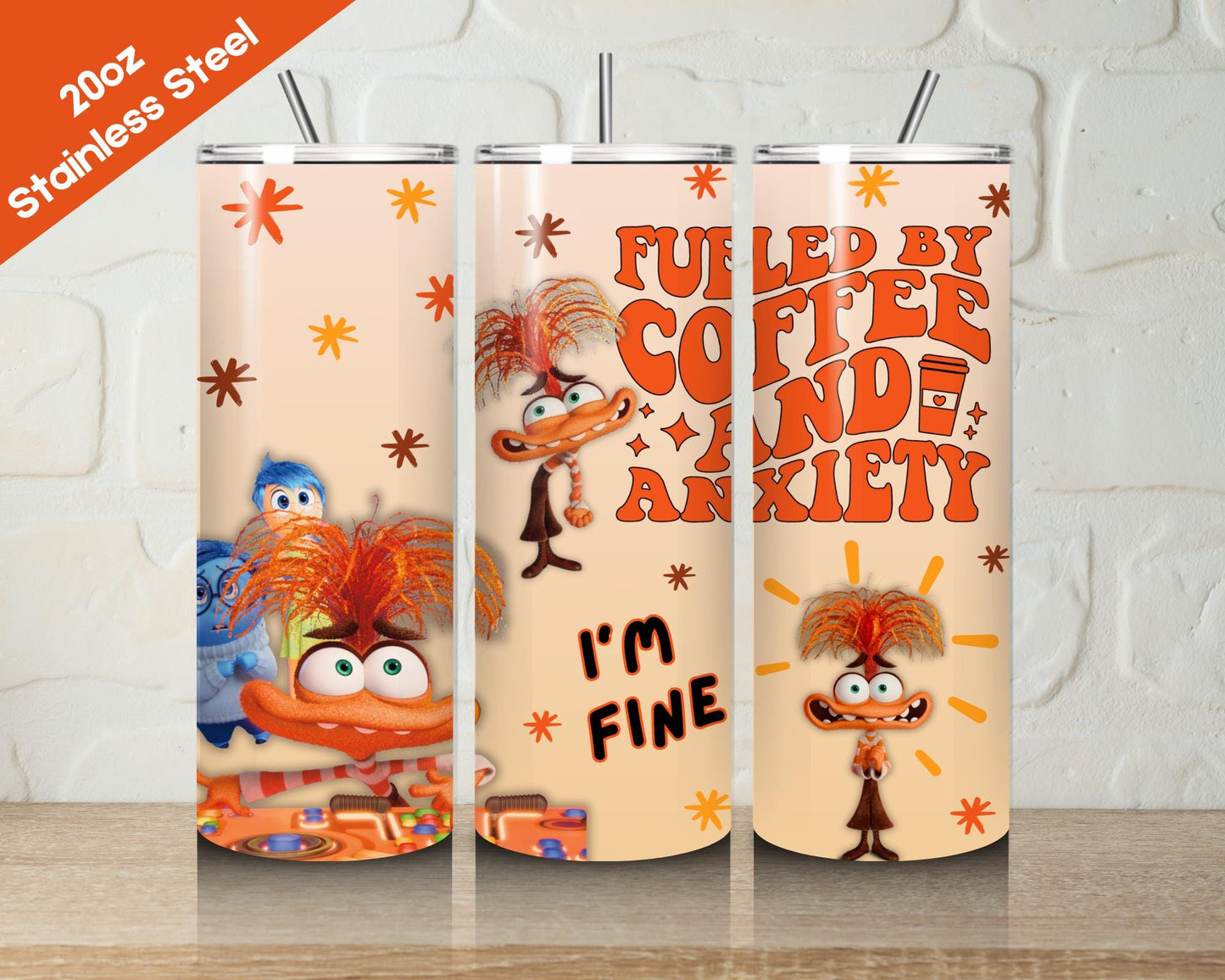 Inside Out Tumbler Anxiety 20oz Travel Cup I’m fine Emotions, Groovy Emotional Support Skinny Mug Gift Idea