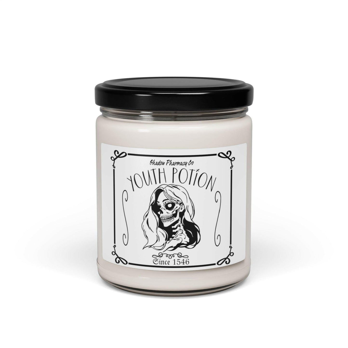 Halloween Personalized Candle Youth Potion Skeleton Scented Soy Candle with black lid, 9oz