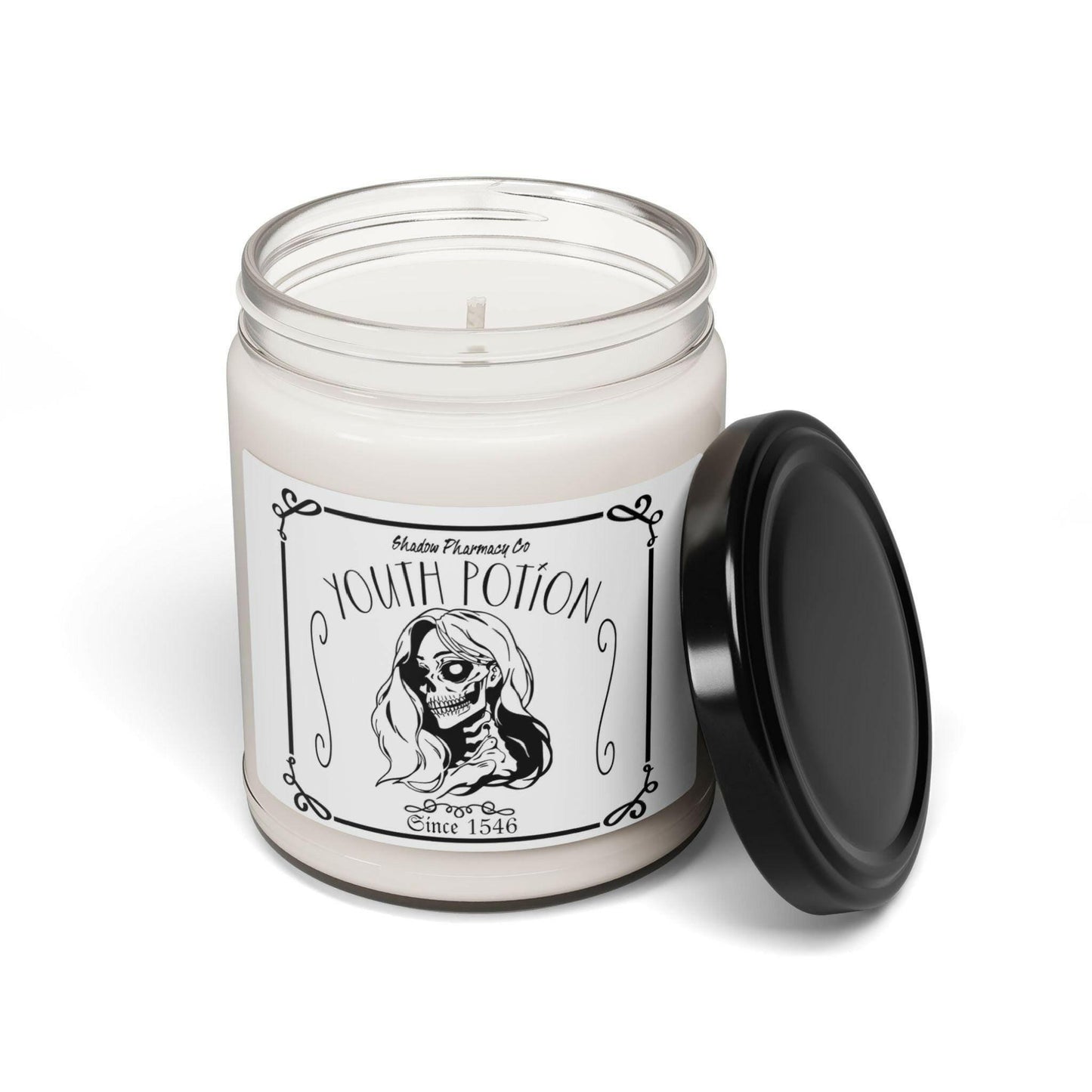 Halloween Personalized Candle Youth Potion Skeleton Scented Soy Candle with black lid, 9oz