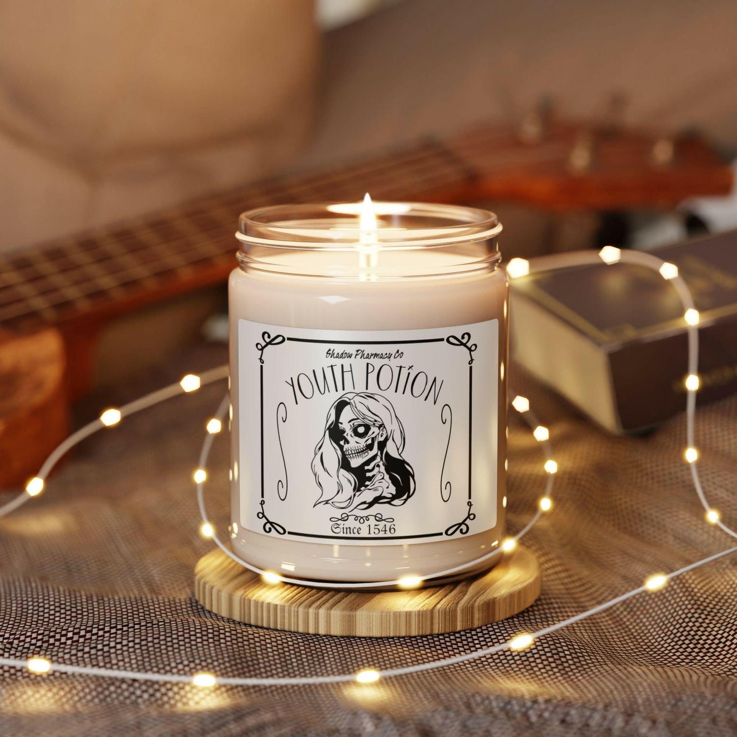 Halloween Personalized Candle Youth Potion Skeleton Scented Soy Candle with black lid, 9oz