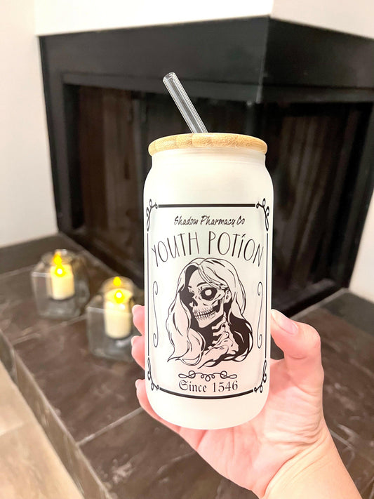 Halloween Youth Potion 16oz Tumbler Personalized Bamboo Lid Skeleton Scary Beauty Iced Coffee Cup gift for her