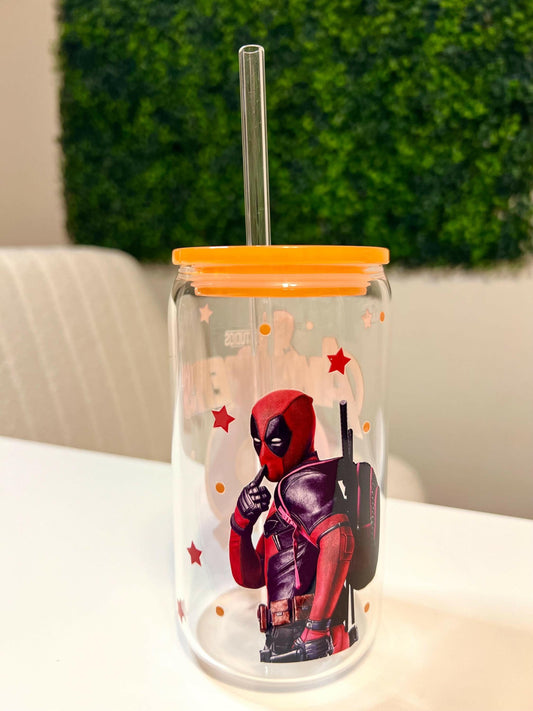 Marvel DeadPool and Wolverine 16oz Glass Tumbler, Color lid Superhero Personalized Travel Cup with Glass Straw Gift for him