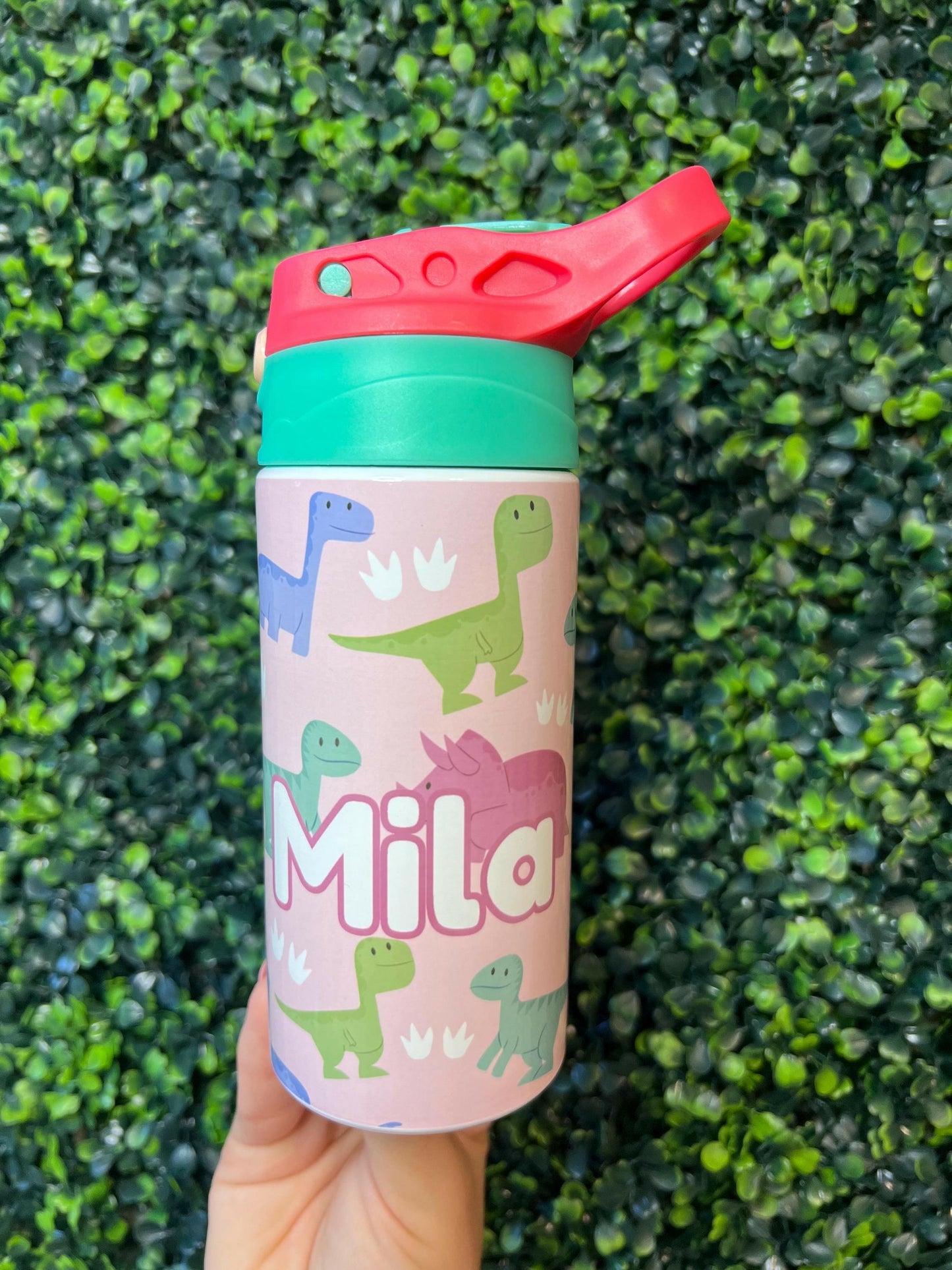 Dinosaur Kids Water Bottle 12oz Custom with Name Yellow and Pink, Flip Top Tumbler, Kids Custom Thermal Travel Cup with Straw for School