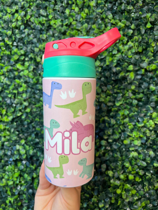 Dinosaur Kids Water Bottle 12oz Custom with Name Yellow and Pink, Flip Top Tumbler, Kids Custom Thermal Travel Cup with Straw for School