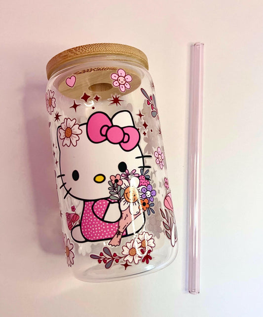 Hello Kitty Coffee Groovy Floral 16oz Iced Coffee Cup with Pink Straw, Glass Kitty Tumbler Libbey Bamboo Lid, BPA Free Cute Gift
