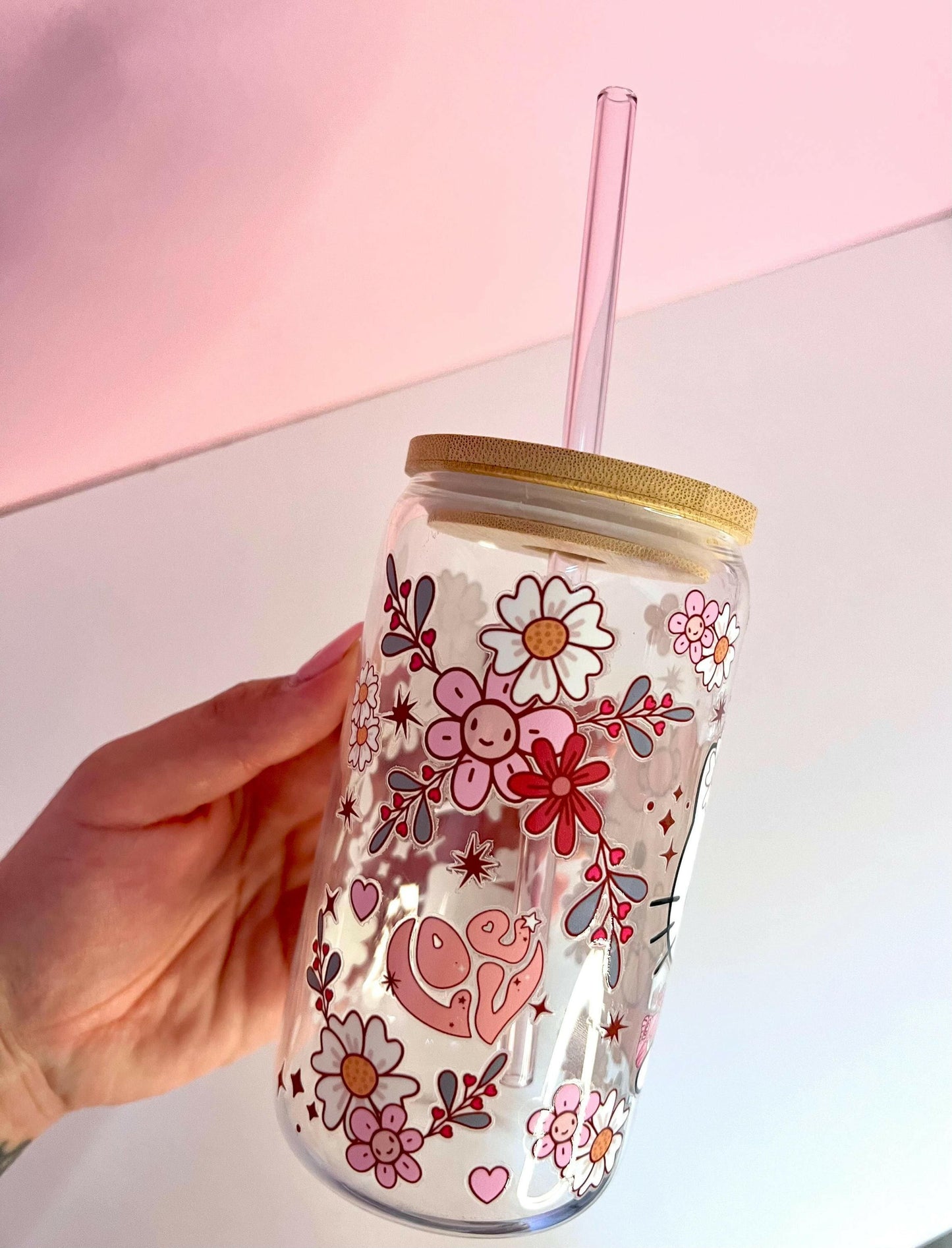 Hello Kitty Coffee Groovy Floral 16oz Iced Coffee Cup with Pink Straw, Glass Kitty Tumbler Libbey Bamboo Lid, BPA Free Cute Gift
