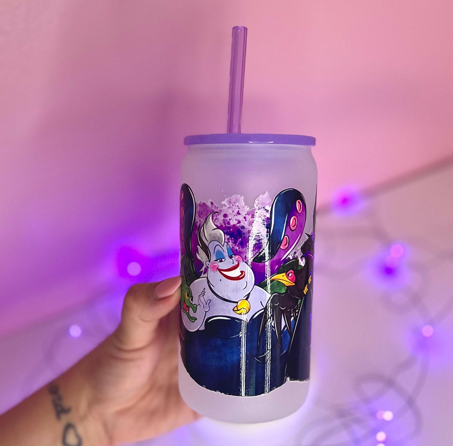 Villains Tumbler 16oz Iced Coffee Cup with Purple Straw and Lid, Mermaid Sea Witch Maleficent Queen Halloween Tumbler