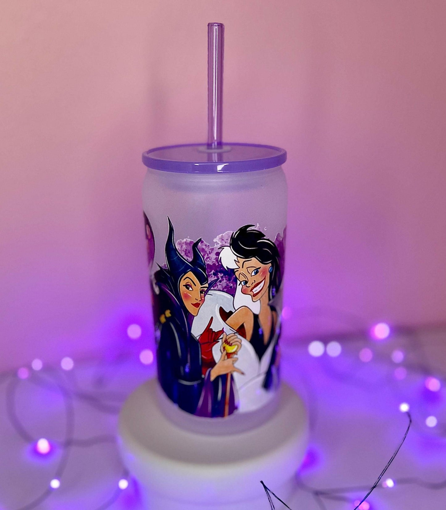 Villains Tumbler 16oz Iced Coffee Cup with Purple Straw and Lid, Mermaid Sea Witch Maleficent Queen Halloween Tumbler