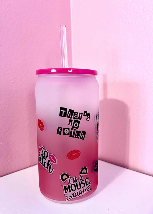 Burn Book Mean Girls 16oz Glass Tumbler, Iced Coffee Cup, 16oz Mug with Lid and Straw Gossip gift for her