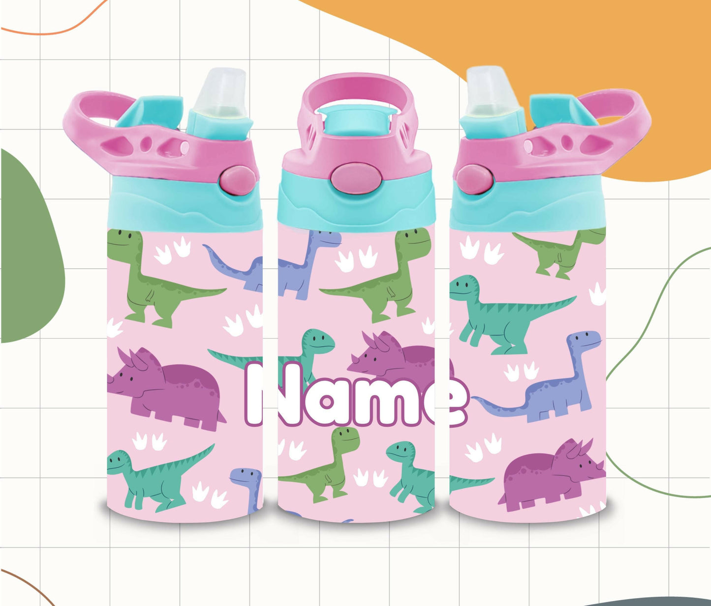 Dinosaur Kids Water Bottle 12oz Custom with Name Yellow and Pink, Flip Top Tumbler, Kids Custom Thermal Travel Cup with Straw for School