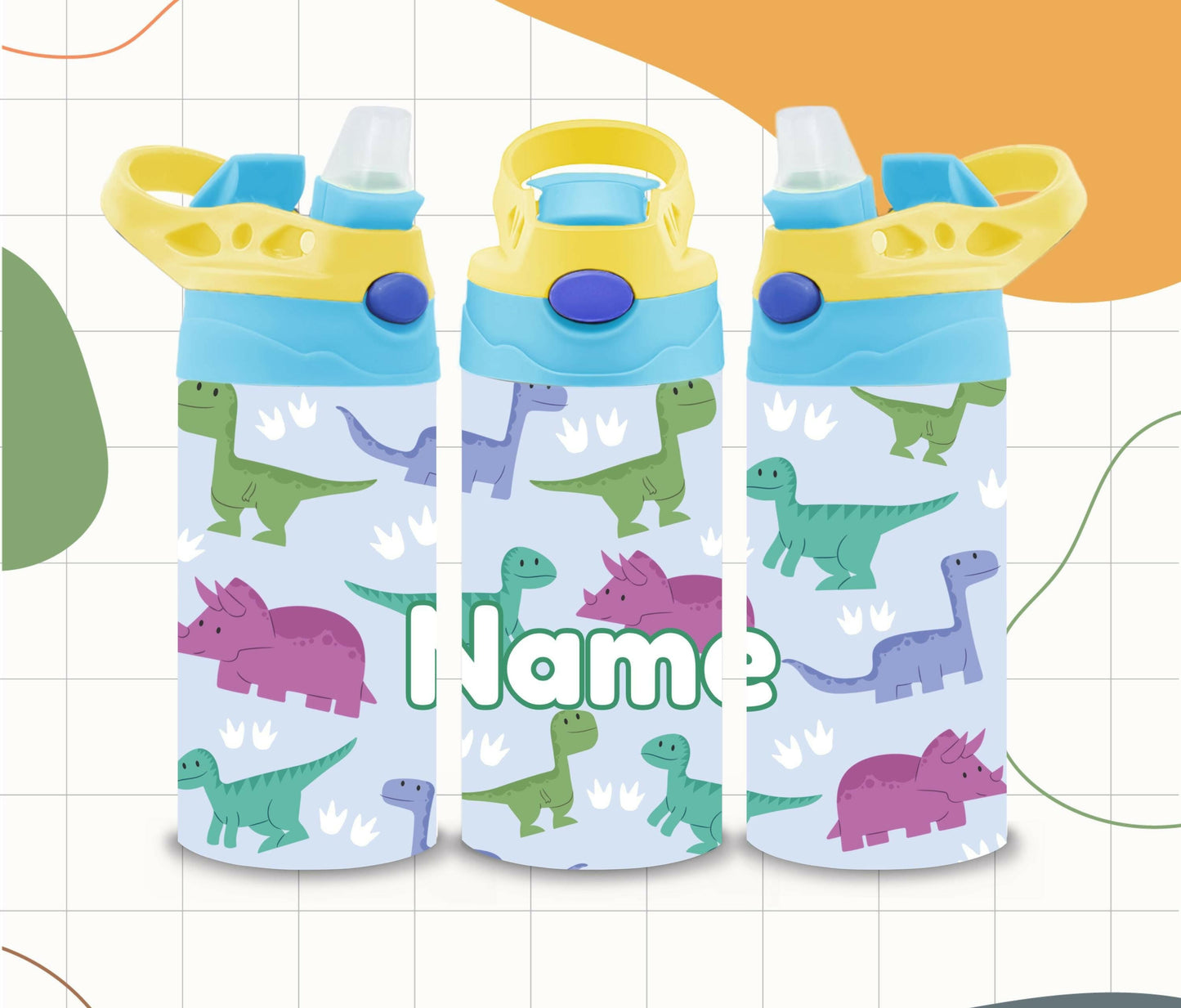 Dinosaur Kids Water Bottle 12oz Custom with Name Yellow and Blue, Flip Top Tumbler, Kids Custom Thermal Travel Cup with Straw for School