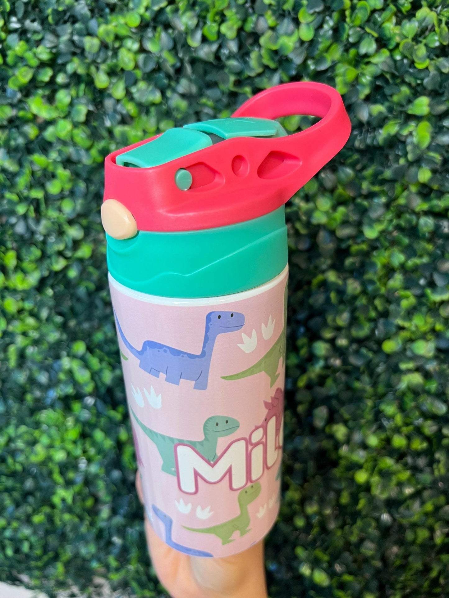 Dinosaur Kids Water Bottle 12oz Custom with Name Yellow and Pink, Flip Top Tumbler, Kids Custom Thermal Travel Cup with Straw for School