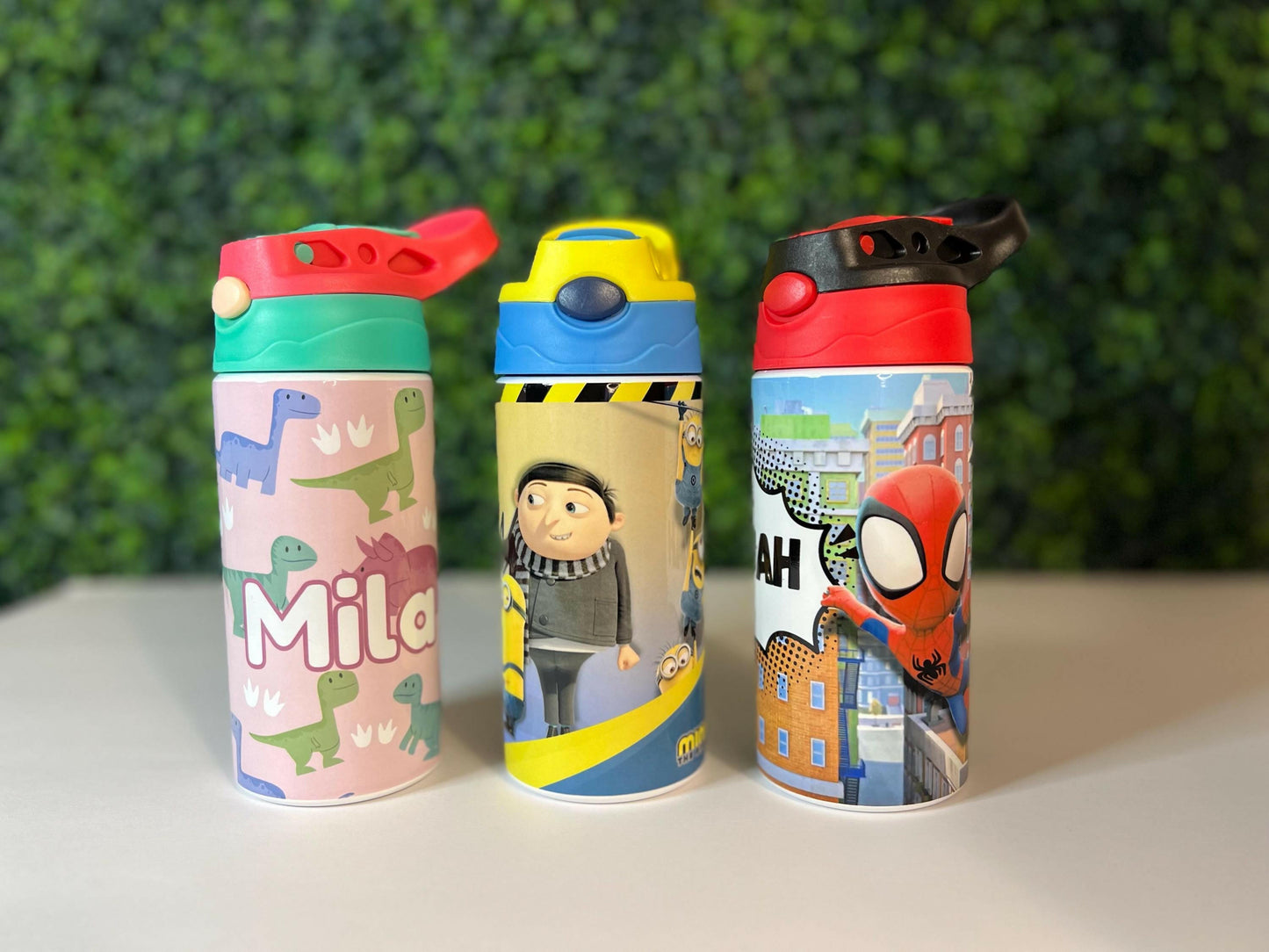 Dinosaur Kids Water Bottle 12oz Custom with Name Yellow and Blue, Flip Top Tumbler, Kids Custom Thermal Travel Cup with Straw for School