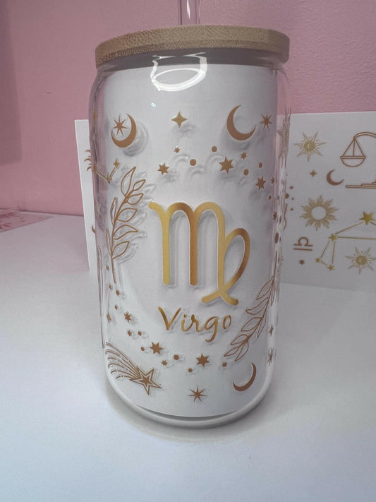 Zodiac Virgo Iced Coffee glass 16oz Tumbler, Horoscope Constellation and Sings Libbey cup gift for a friend