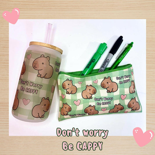 Capybara Cute Tumbler 16oz Don't Worry Be Cappy Glass Iced Coffee Cup with Straw and Lid, Kawaii Aesthetic Capybara gifts