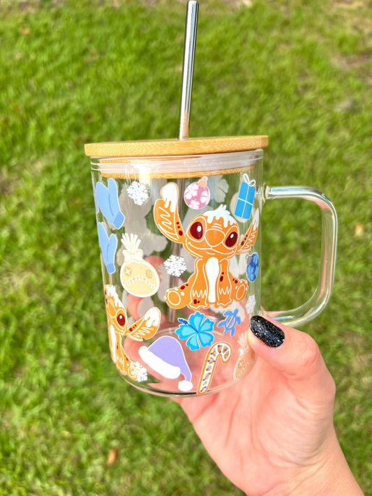 Stitch Holiday 16oz Glass mug, Cute Stitch Gingerbread coffee mug, perfect for Iced Coffee or Eggnog, Mug with Lid and Straw
