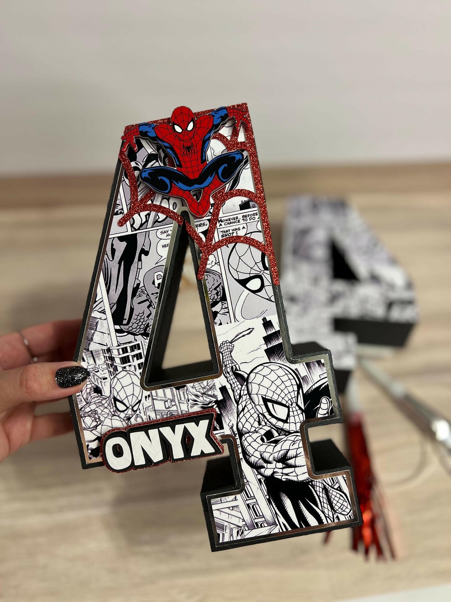Boys Party Decor 3D Number, Spiderman Party, Tabletop decoration and Centerpiece 10” tall Custom with Name and Age