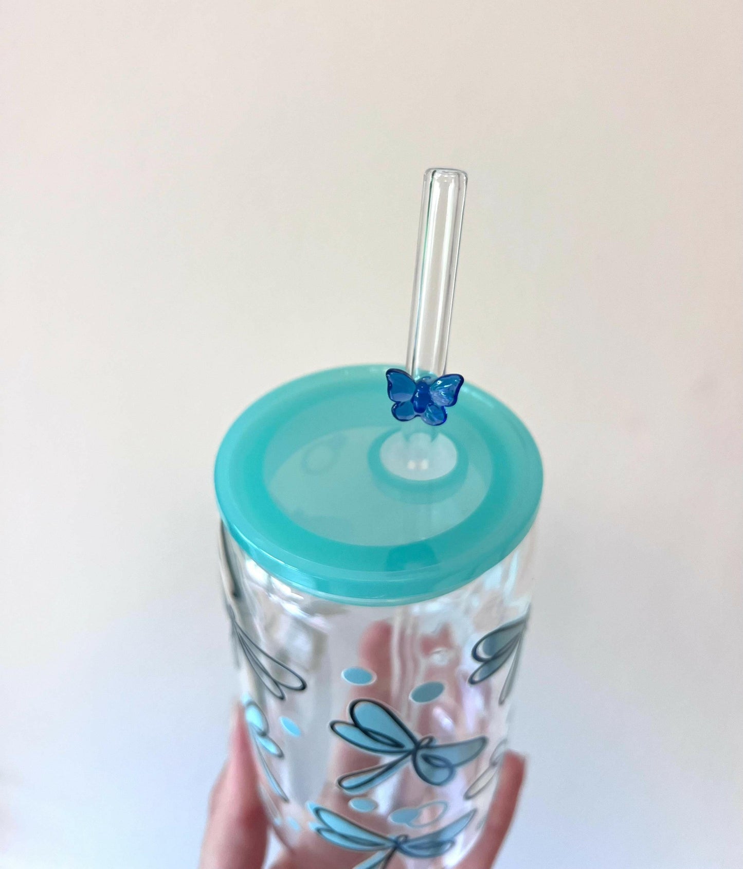 Cute Cup Butterflies Fireflies Glass cup, Tiffany Blue Aesthetic Iced Coffee Glass, Butterfly glass Straw, Cold drink Glass, Gift for her
