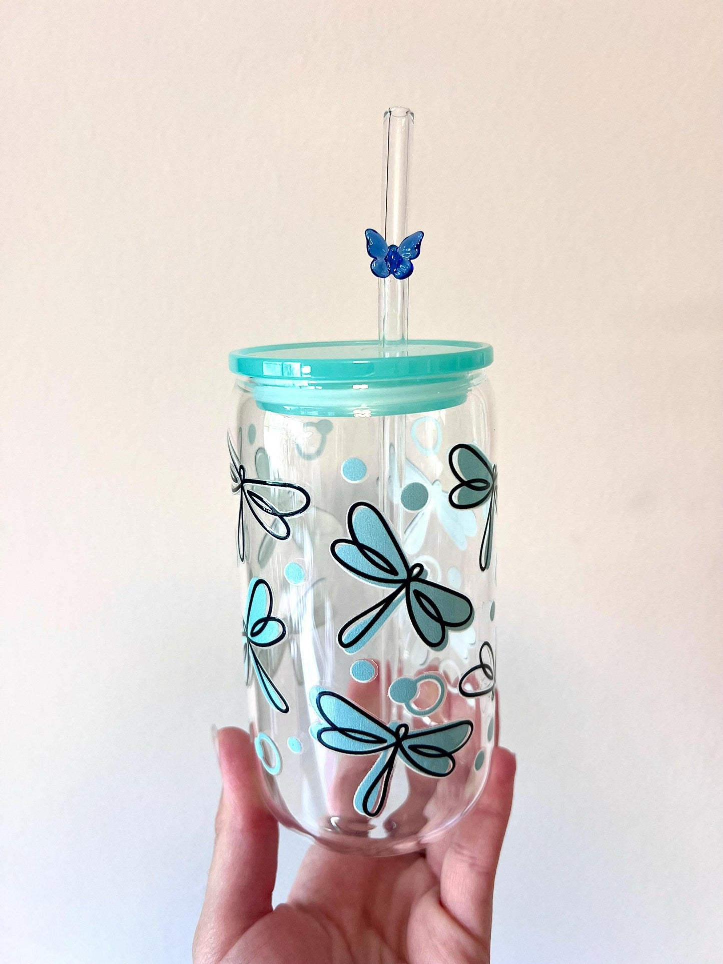 Cute Cup Butterflies Fireflies Glass cup, Tiffany Blue Aesthetic Iced Coffee Glass, Butterfly glass Straw, Cold drink Glass, Gift for her