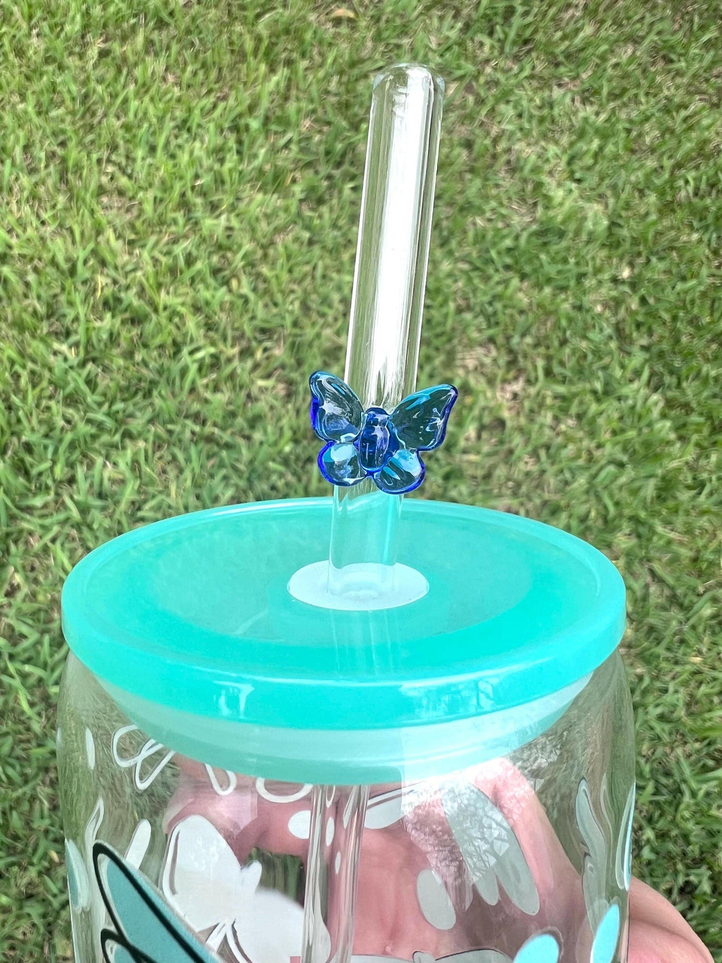 Cute Cup Butterflies Fireflies Glass cup, Tiffany Blue Aesthetic Iced Coffee Glass, Butterfly glass Straw, Cold drink Glass, Gift for her