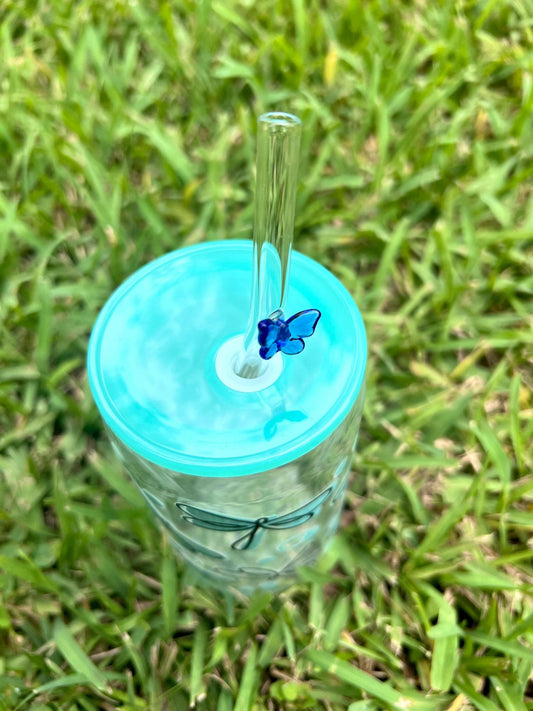 Cute Cup Butterflies Fireflies Glass cup, Tiffany Blue Aesthetic Iced Coffee Glass, Butterfly glass Straw, Cold drink Glass, Gift for her