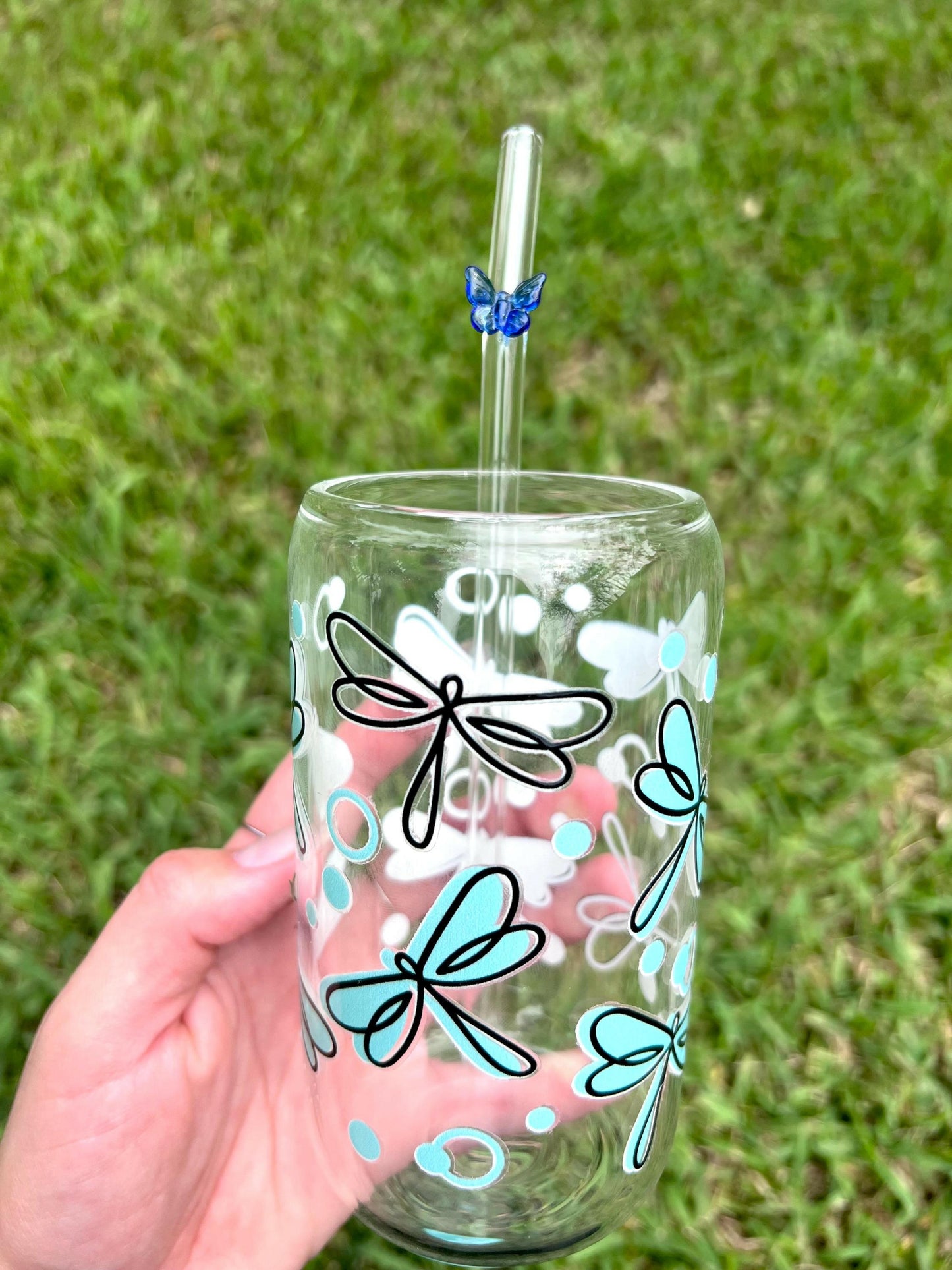 Cute Cup Butterflies Fireflies Glass cup, Tiffany Blue Aesthetic Iced Coffee Glass, Butterfly glass Straw, Cold drink Glass, Gift for her