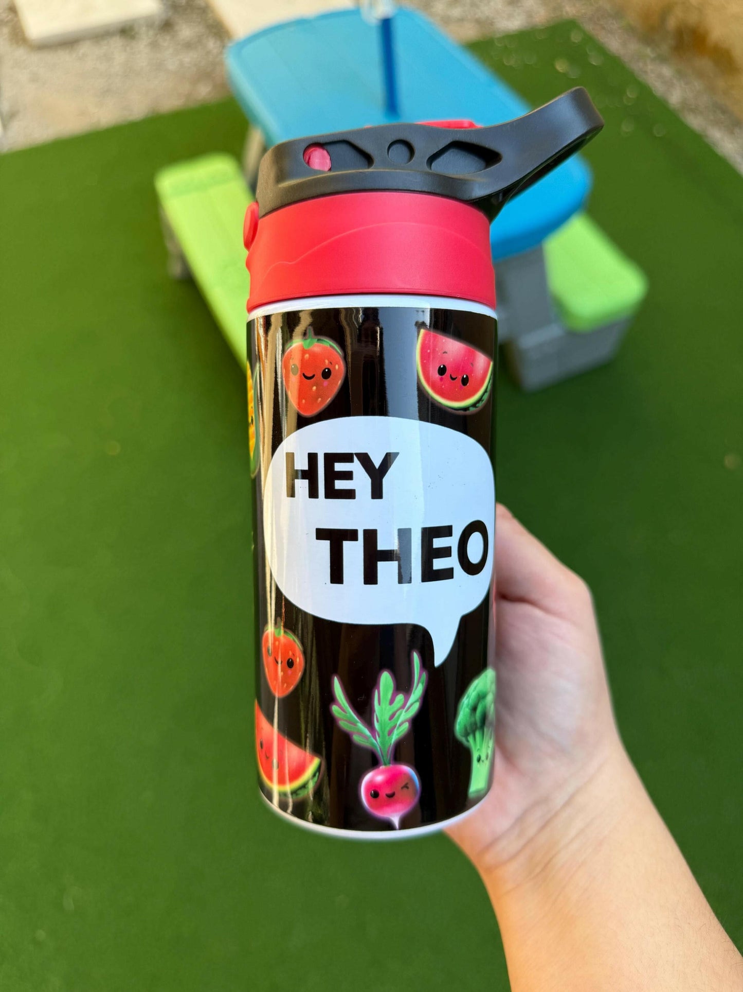 Kids Personalized Hey Bear Sensory Fruits 12oz Cup, Custom Insulated Tumbler for kids with Name for Back to School Dancing Fruits Veggies