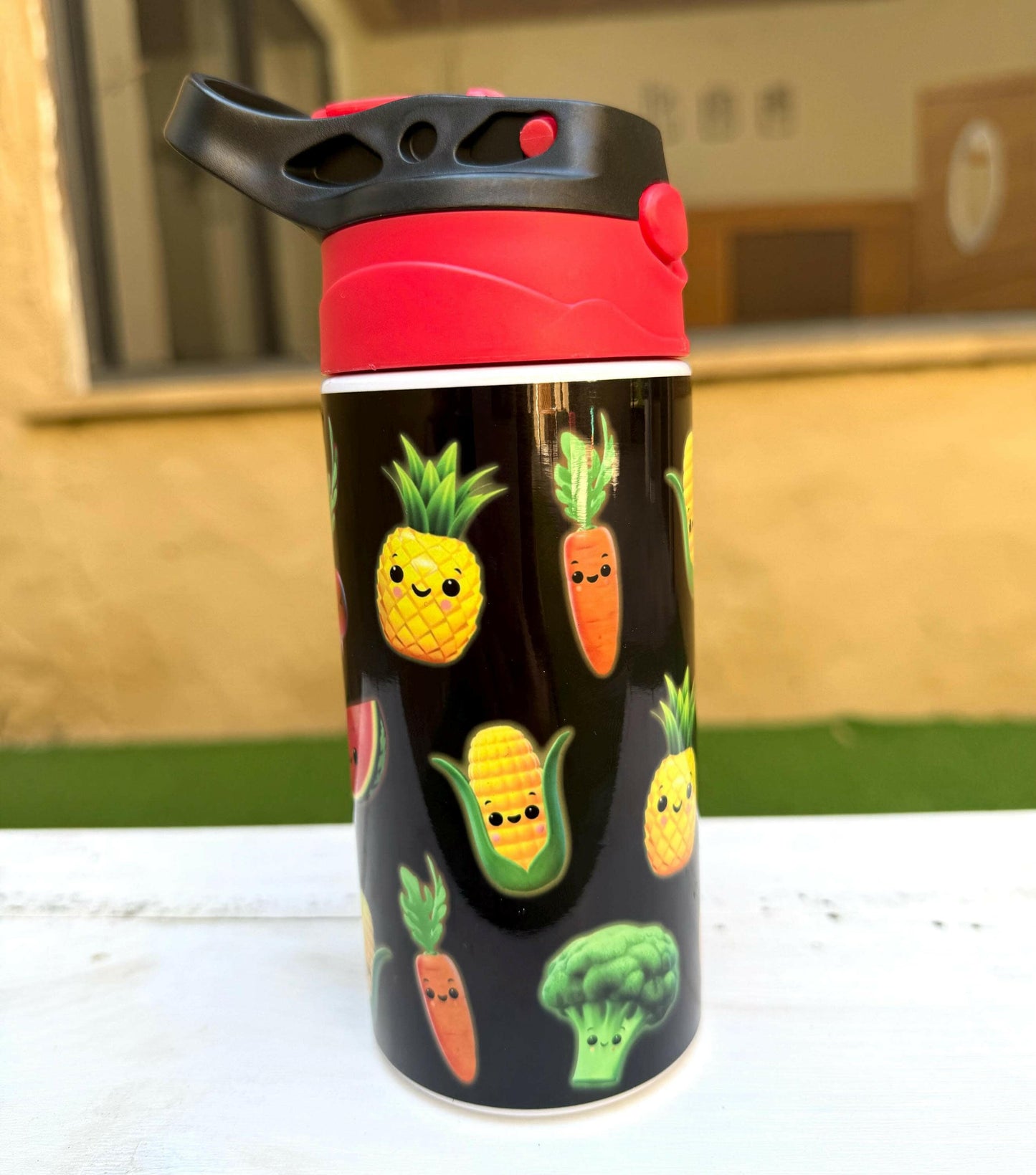 Kids Personalized Hey Bear Sensory Fruits 12oz Cup, Custom Insulated Tumbler for kids with Name for Back to School Dancing Fruits Veggies