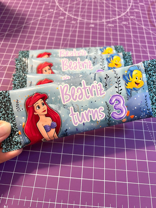 Girls Party Favor Bundle of Personalized Chocolate Bars 1.5oz Mermaid Party, Tabletop decoration, Custom with Name and Age