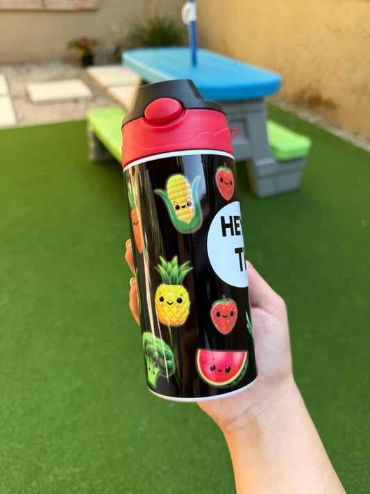 Kids Personalized Hey Bear Sensory Fruits 12oz Cup, Custom Insulated Tumbler for kids with Name for Back to School Dancing Fruits Veggies