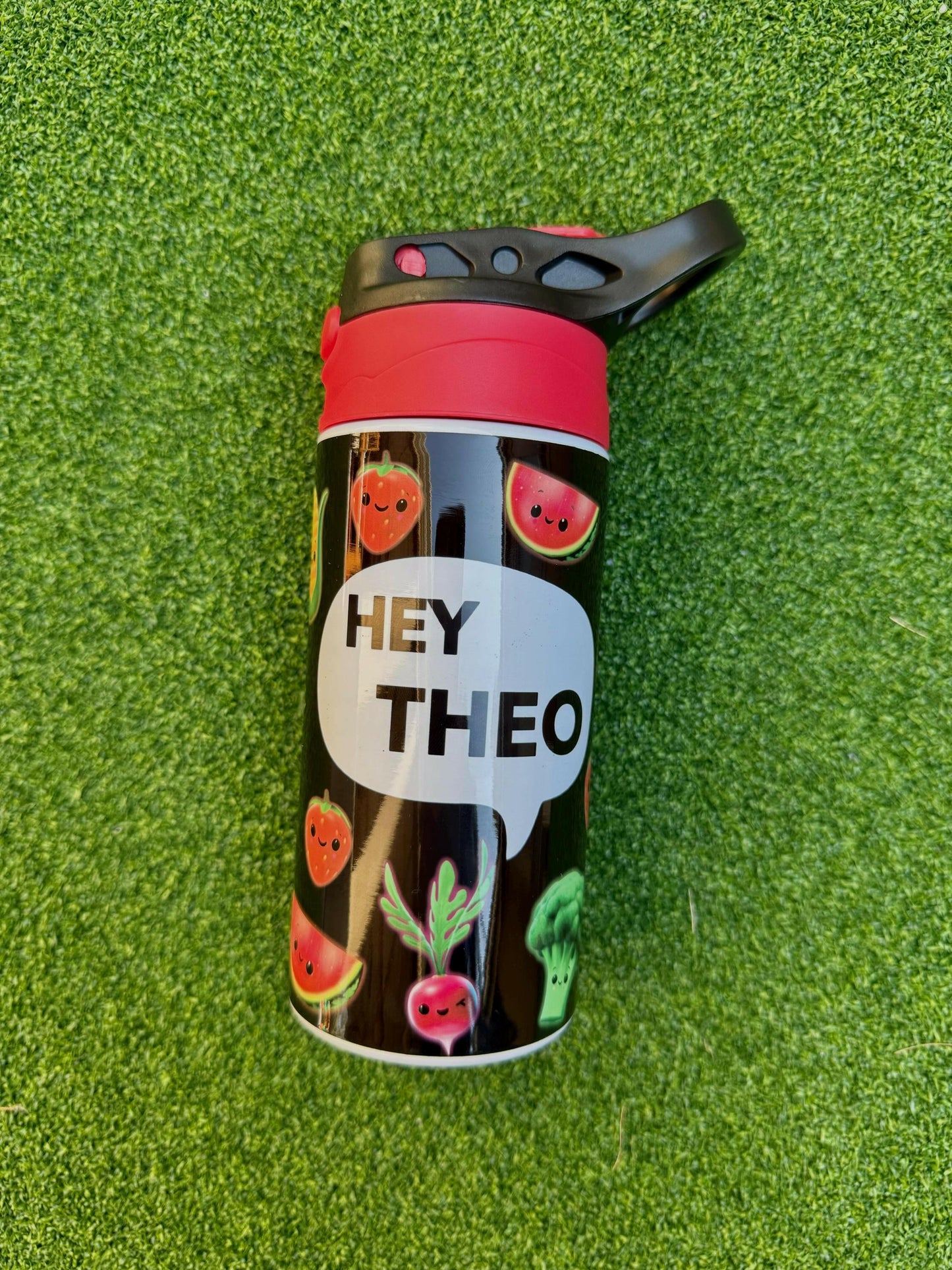 Kids Personalized Hey Bear Sensory Fruits 12oz Cup, Custom Insulated Tumbler for kids with Name for Back to School Dancing Fruits Veggies