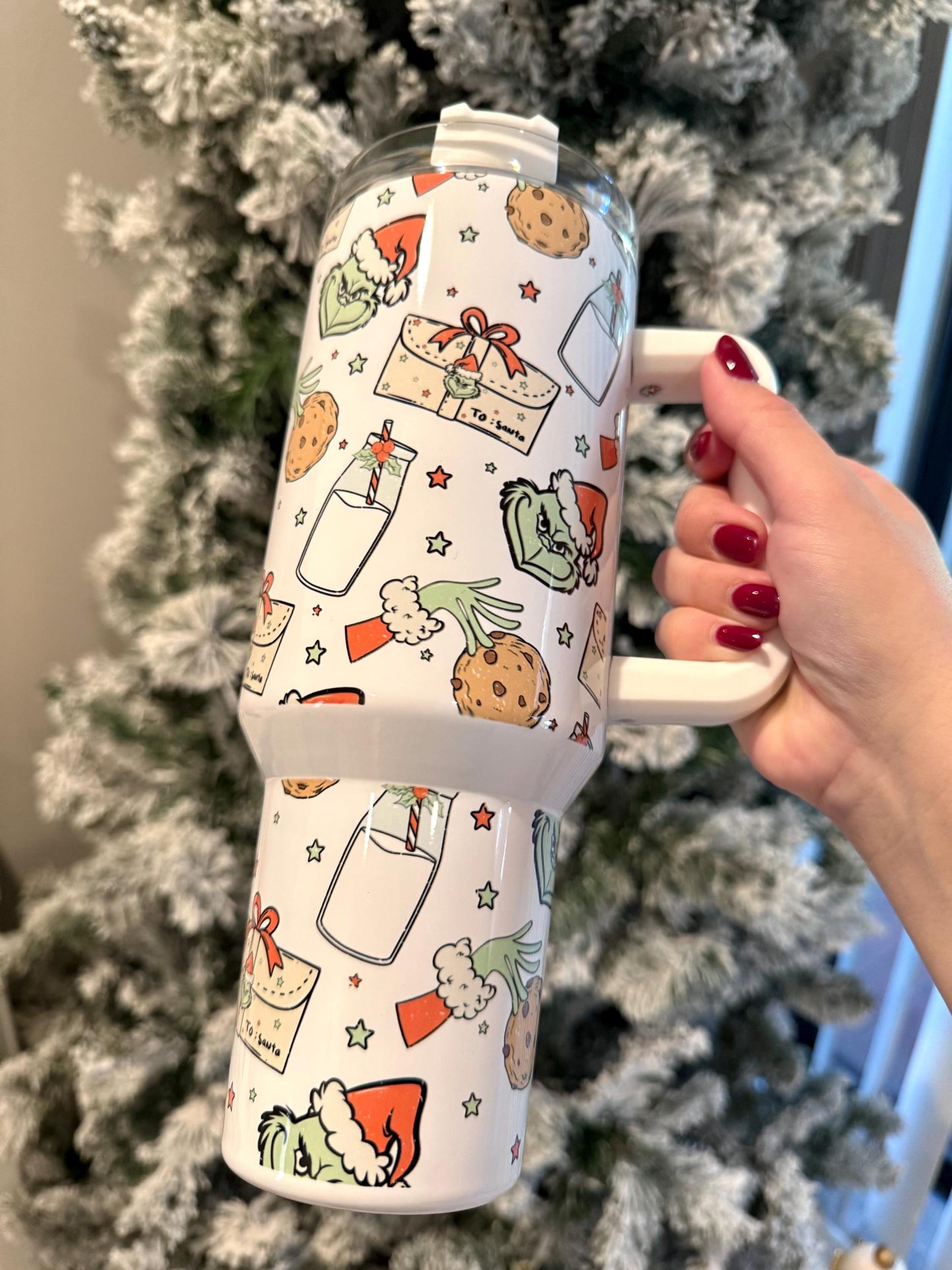 Holiday Tumbler 40oz Cup with Handle, Grinch Christmas Water Bottle, perfect Holiday Gift