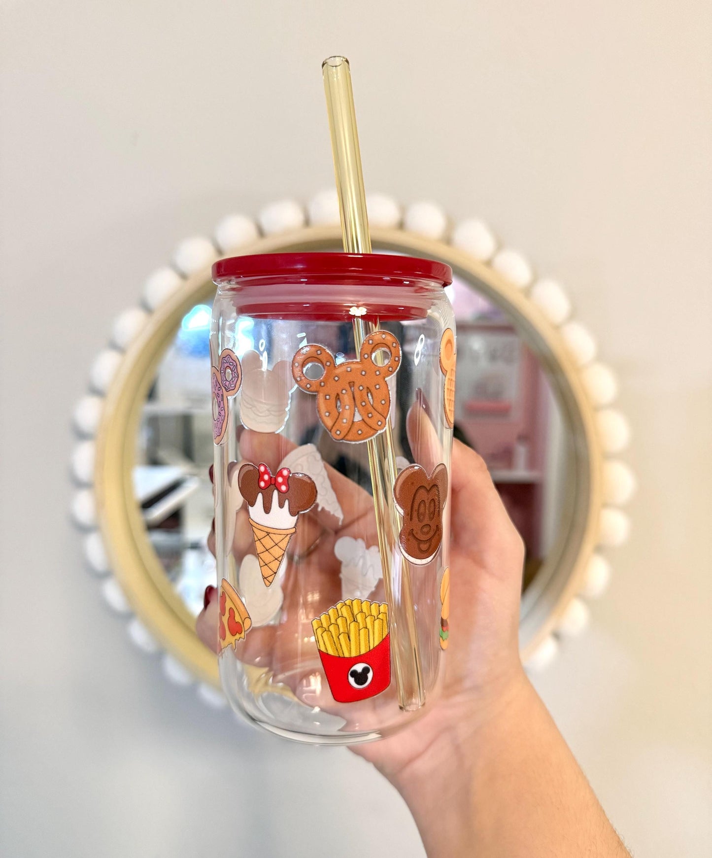 Personalized Glass 16oz Iced Coffee Glass Can, Mickey & Minnie Design with Snacks, Teens and Coffee Enthusiasts, icee coffee, gifted tumbler