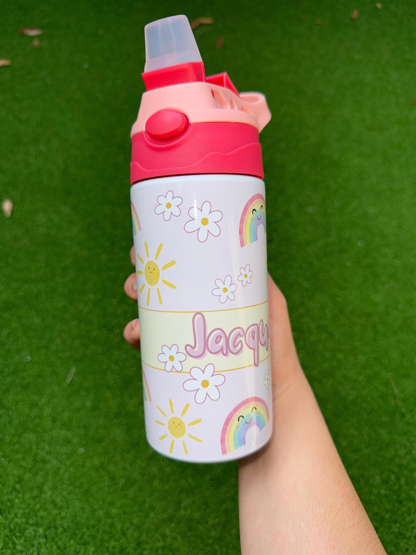Personalized Kids Water Bottle 12oz Rainbow Sunshine, Custom with Name, Pink Kids Cup, Flip Top Tumbler, Kids Custom Thermal Travel Cup