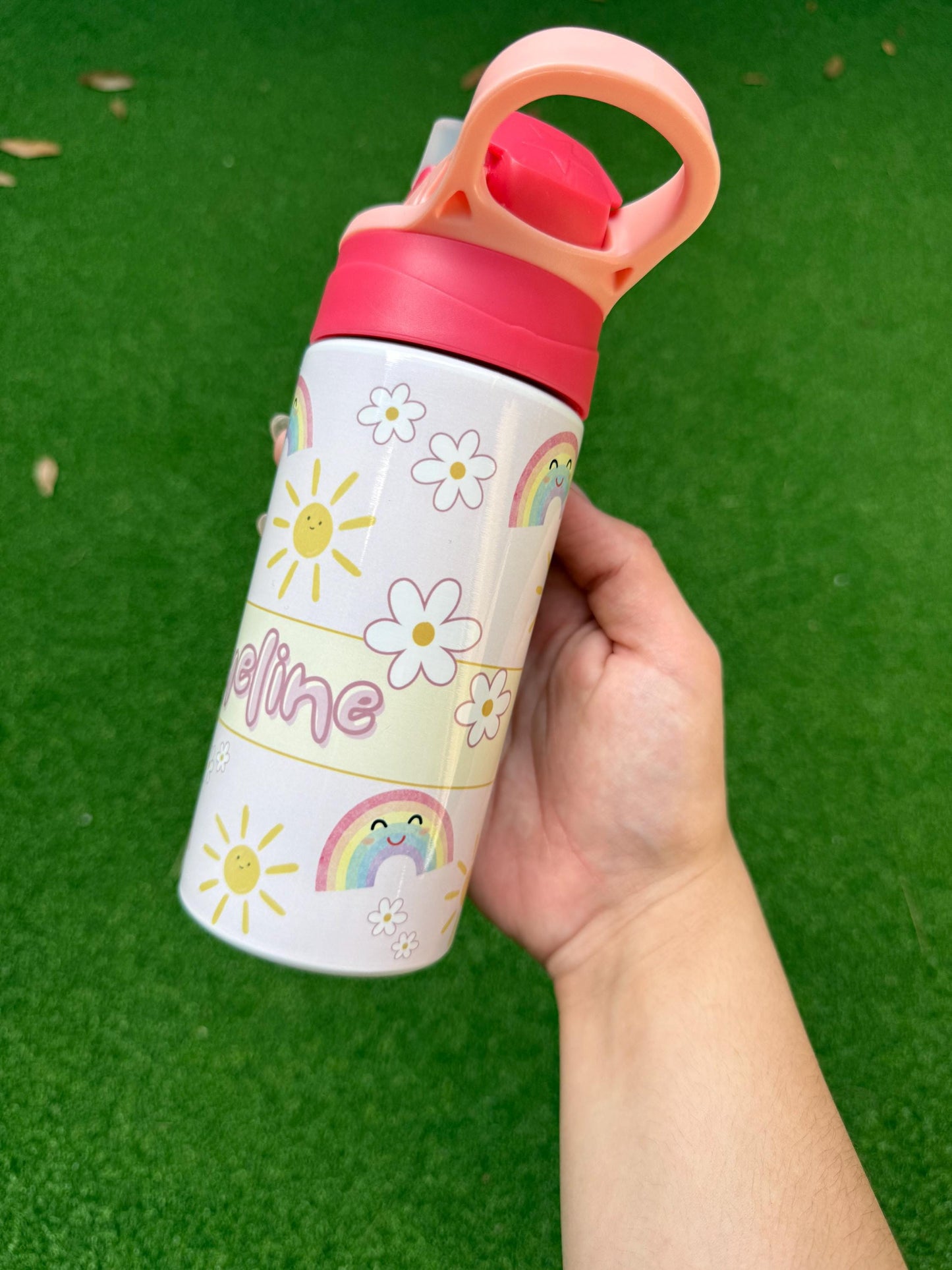 Personalized Kids Water Bottle 12oz Rainbow Sunshine, Custom with Name, Pink Kids Cup, Flip Top Tumbler, Kids Custom Thermal Travel Cup