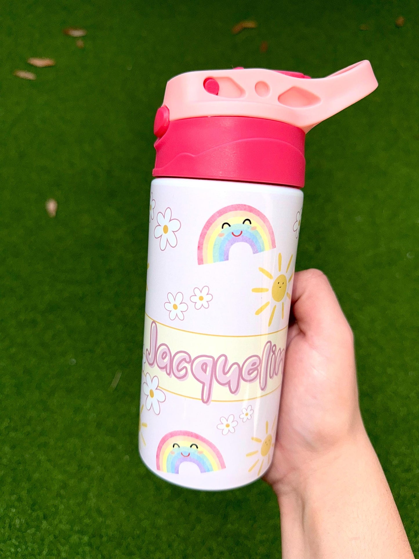 Personalized Kids Water Bottle 12oz Rainbow Sunshine, Custom with Name, Pink Kids Cup, Flip Top Tumbler, Kids Custom Thermal Travel Cup