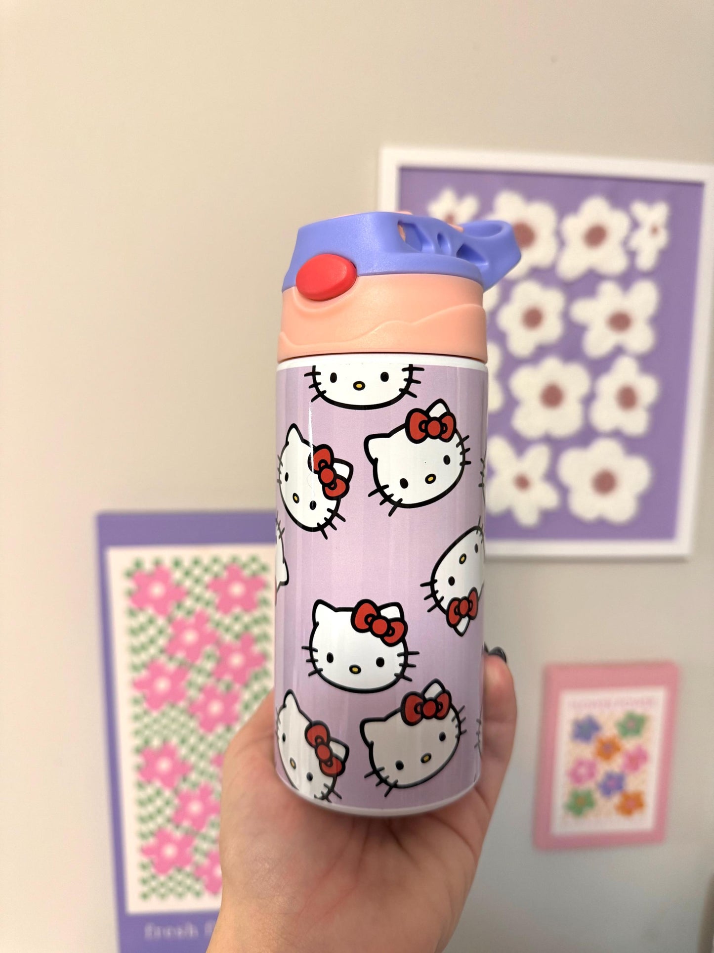 Kids Personalized Kitty 12oz Insulated Straw Cup, Custom Tumbler for Back to School Hello Kitty, Pink Lid